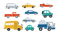 Cute Collection Colorful Cars Isolated On A White Background. Icons In Hand Drawn Style For Design Of Children's Rooms, Clothing, Textiles. Vector Illustration