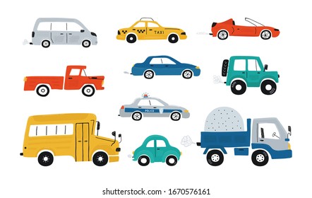 Cute collection colorful cars isolated white background  Icons in hand drawn style for design children's rooms  clothing  textiles  Vector illustration