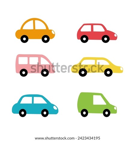 Cute collection colorful cars isolated on a white background. Icons in hand drawn style for design of children's rooms, clothing, textiles. Vector illustration