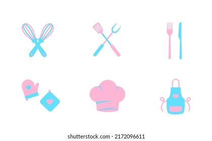 Cute collection of colorful kitchen utensils and tableware. Vector illustration. Can be used for wallpaper, pattern fills, textile, web page background, surface textures.