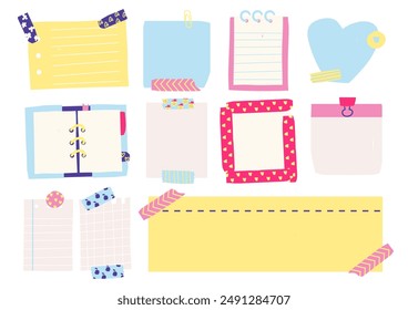 Linda colección de papeles de colores. Organización del proceso de trabajo y estudio, fijación de objetivos y concepto de gestión del tiempo. Lindo naive estilo plano oficina de Vector post memo Plantillas	
