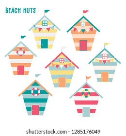 A cute collection of colourful beach huts, 7 vector illustrations included.