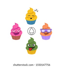 Cute collection of cupcakes isolated on white background. Flat cartoon vector illustration