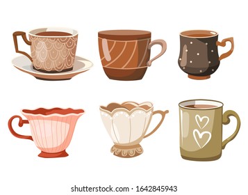 Cute collection with cups in cartoon style in vector