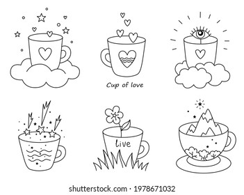 Cute collection of cups and mugs with hearts, clouds, stars, flower, mountain. Morning or evening cup of tea or coffee. For coloring pages, antistress book. Outline drawing. Cartoon. Isolated. Vector.