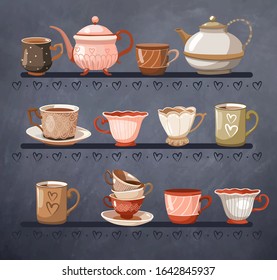 Cute collection of cups and teapots in retro style