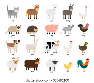 Cute collection of different colored farm animals and birds