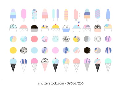 Cute collection of different ice cream. Vector. Isolated