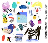 Cute collection of different shapes in collage cartoon style. Boy, girl, cat, house, trees, bird, butterfly, pineapple, car, fish. Vector. Isolated