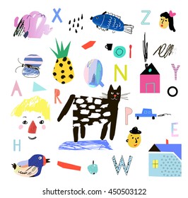 Colección de diferentes formas en forma de caricatura. Muchacho, chica, gato, casa, pájaro, mariposa, piña, auto, pez.Vector. Aislado