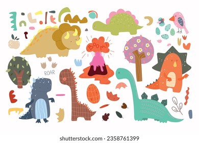 Cute collection with dino, plants, geometry figure, eggs. Kids pattern with animal. Vector illustration. 