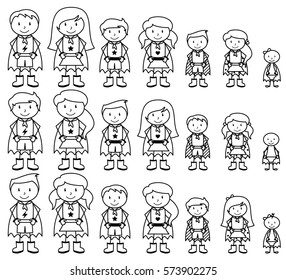 Cute Collection of Diverse Stick Figure Superheroes or Superhero Families - Vector Format 