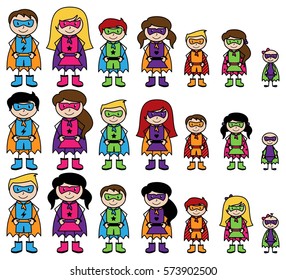 Cute Collection of Diverse Stick Figure Superheroes or Superhero Families - Vector Format 
