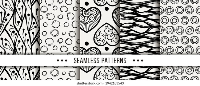 Cute collection of doodle hipster seamless patterns. Ornament set for your design, wallpaper, background, fabric textile. Vector illustrations