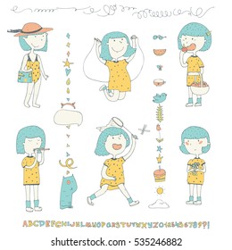 Cute collection with doodle little girl with blue hair in yellow dress in summer activities - jumping the skipping rope, eating apple, staying with flowers and more. Additional doodles and alphabet