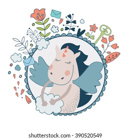 Cute collection of dragon, fairy wings, flower, cloud  and key. Isolated floral illustration on white. Fairytale design for love card, invitation, children or wedding DIY. Magic vector pattern