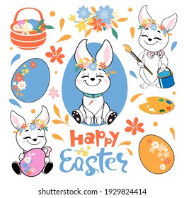 Cuidada colección de conejitos de Semana Santa, flores y huevos de Pascua sobre un fondo blanco aislado. Tarjeta de felicitación. Animales divertidos para los niños