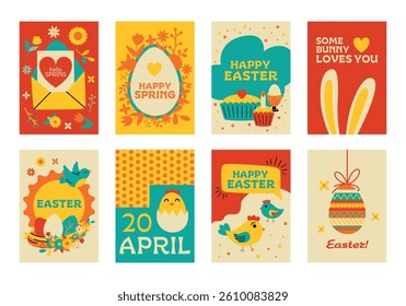 Cute collection of Easter cards and posters in flat style. Minimalistic vector set of Easter cartoon illustrations and designs. Christian holiday. Colorful templates for printing and decoration.
