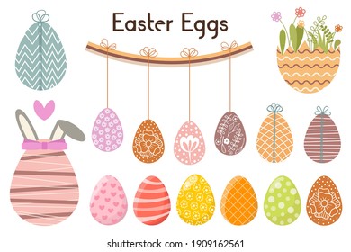 Cute collection of Easter eggs. Colorful eggs for Easter print design: cards, stickers, posters, banners