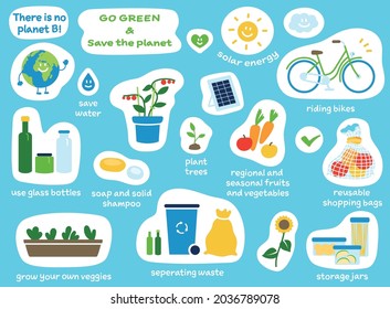 Cute collection of ecology icons green save planet environment