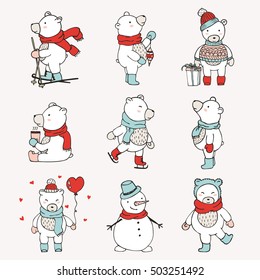 Cute collection of eight Christmas bears and a snowman. Cheerful holiday illustration. Best for decorating cards, gift tags. Joyful winter illustration. Vector isolated on background