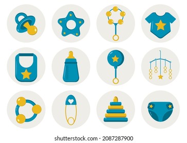 Cute collection of elements for newborn baby boy. Items for little baby: pacifier, body, rattle, dummy, nipple. Suitable for children's goods store, highlights, web banners. Round stickers.