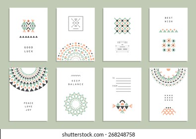 Cute Collection of Ethnic Cards and Invitations. Geometric and aztec patterns. Trendy  backgrounds and logotypes. Vector. Isolated. 