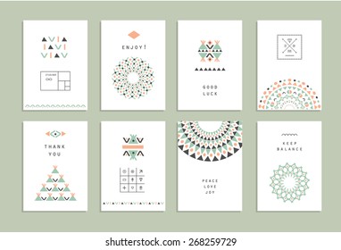 Cute Collection of Ethnic Cards and Invitations. Geometric and aztec patterns. Trendy backgrounds and logotypes. Vector. Isolated.