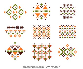 Cute Collection of Ethnic patterns. Geometric and aztec decor elements. Trendy backgrounds and logotypes. Vector. Isolated.