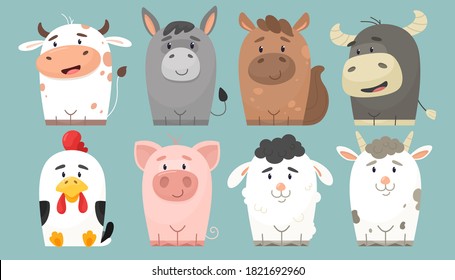 Cute collection of farm animals. Vector characters in flat cartoon style. Cheerful cow, donkey, horse, bull, rooster, pig, ram, goat.