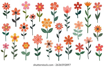Cute collection of flat cartoon flowers in bright colors. Simple floral icons.