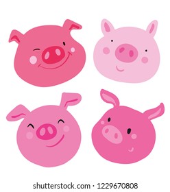 Cute collection of four faces pink pig. Different emotions on each muzzle, used as sticker and emoji. Use as an icon symbol badge mascot. hand drawn vector isolated illustration for chinese new year