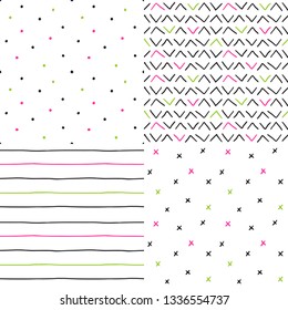 Cute collection of four simple geometric sketchy modern vector seamless patterns