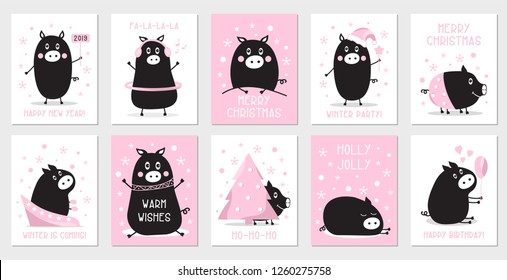 Cute collection of fun pigs. Set of Christmas cards.  Happy New Year holiday design. Winter symbol illustration.