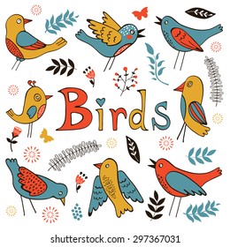 Cute collection of funny birds. Vector illustration