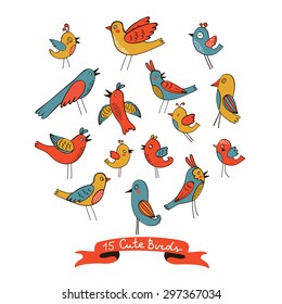 Cute collection of funny birds. vector illustration