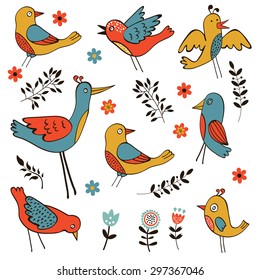 Cute collection of funny birds. Vector illustration