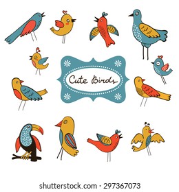 Cute collection of funny birds. vector illustration