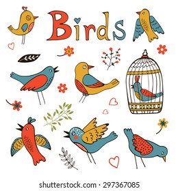 Cute collection of funny birds. vector illustration