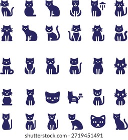 Una linda colección de personajes divertidos de gatos y gatitos con siluetas negras e ilustraciones de dibujos animados para un diseño de patrón de Vector de animales domésticos sin costuras