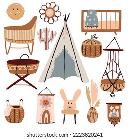 Cuidada colección de muebles y decoración de estilo boho en el vivero. Elemento aislado del vector de boho plano para niños