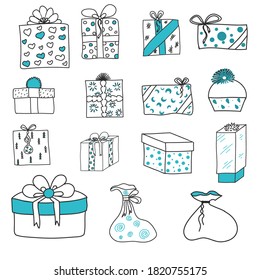 Eine raffinierte Kollektion von Geschenkschachteln für einen Urlaub (Geburtstag, Neujahr, Valentinstag und Weihnachten). Vektorgrafik auf weißem Hintergrund im Doodstil