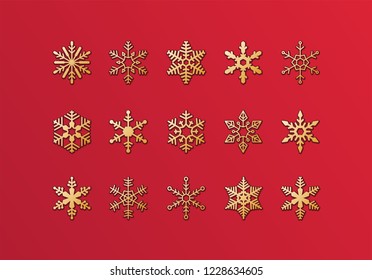 Cute collection of gold vector snowflakes on red background