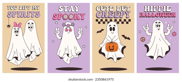  Cute collection of Halloween posters. Trendy retro groovy style.Funky ghost characters. Vector illustration for postcards, posters, flyers