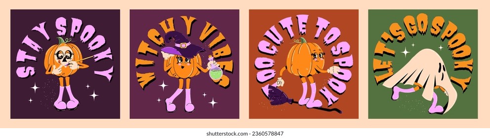  Cute collection of Halloween posters. Trendy retro groovy style. Funky pumpkin characters. Vector illustration for postcards, posters, flyers