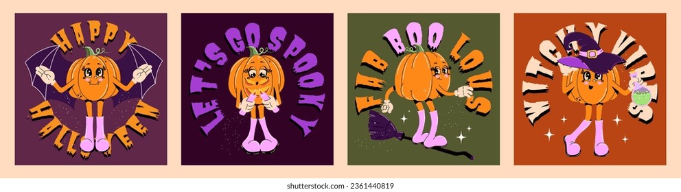 	
Cute collection of Halloween posters. Trendy retro groovy style. Funky pumpkin characters. Vector illustration for postcards, posters, flyers	
