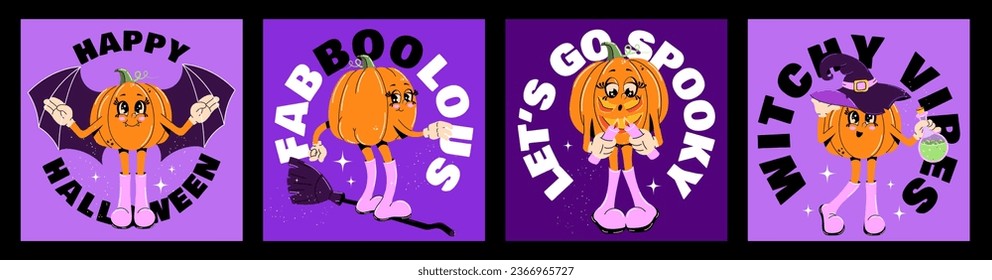 Cute collection of Halloween posters. Trendy retro groovy style. Funky pumpkin characters. Vector illustration for postcards, posters, flyers