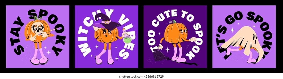 Cute collection of Halloween posters. Trendy retro groovy style. Funky pumpkin characters. Vector illustration for postcards, posters, flyers