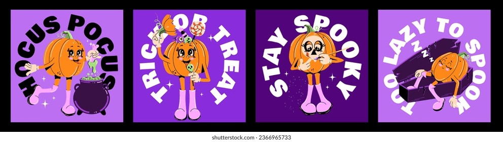 Cute collection of Halloween posters. Trendy retro groovy style. Funky pumpkin characters. Vector illustration for postcards, posters, flyers