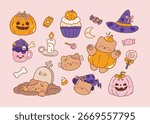 Cute collection of halloween, pumpkin, candy, cat, skull, zombie. Adorable halloween elements. Vector Illustration.